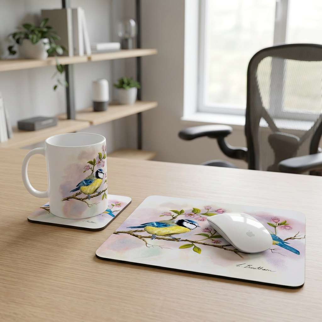 Bundle: Mouse Mat, Coaster, and White Ceramic Mug - Blue Tits in a Tree