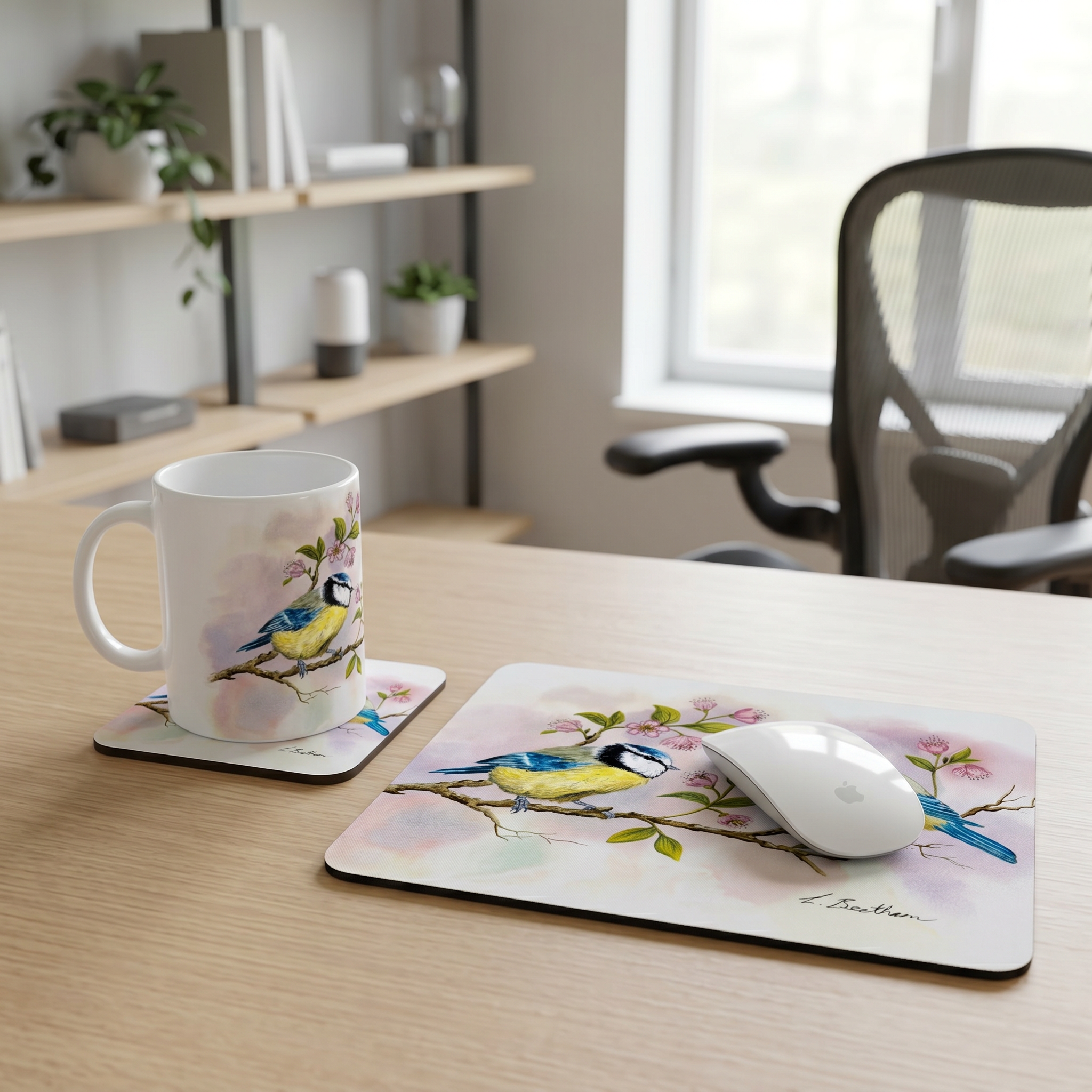 Bundle: Mouse Mat, Coaster, and White Ceramic Mug - Blue Tits in a Tree