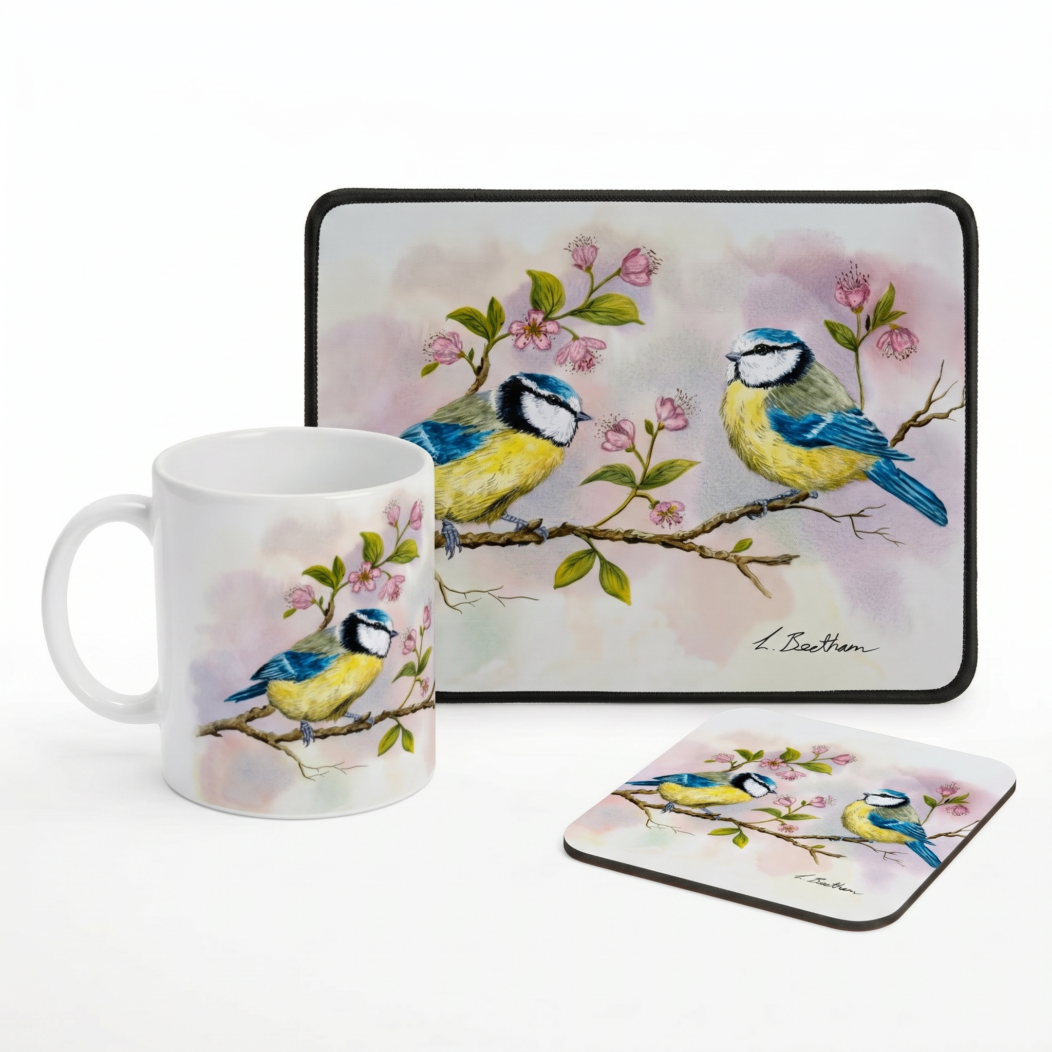 Bundle: Mouse Mat, Coaster, and White Ceramic Mug - Blue Tits in a Tree