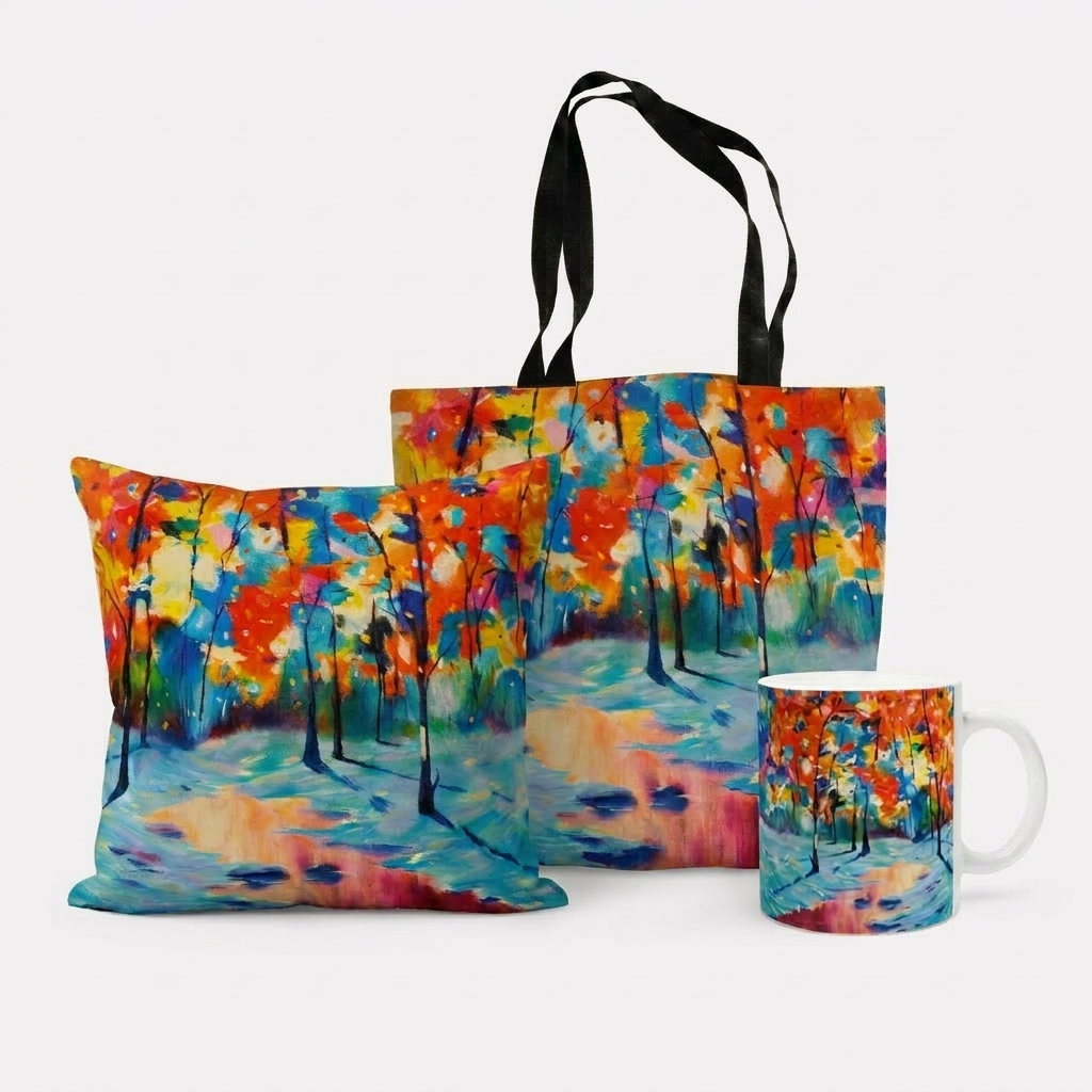 Bundle: Tote Bag, Cushion and Mug – Colourful Forest by the Lake