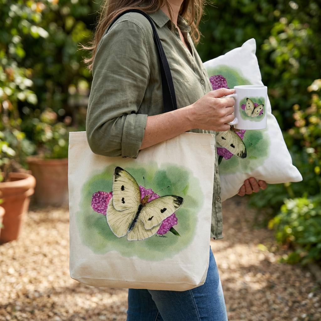 Bundle: Tote Bag, Cushion and Mug – White Moth on a Flower