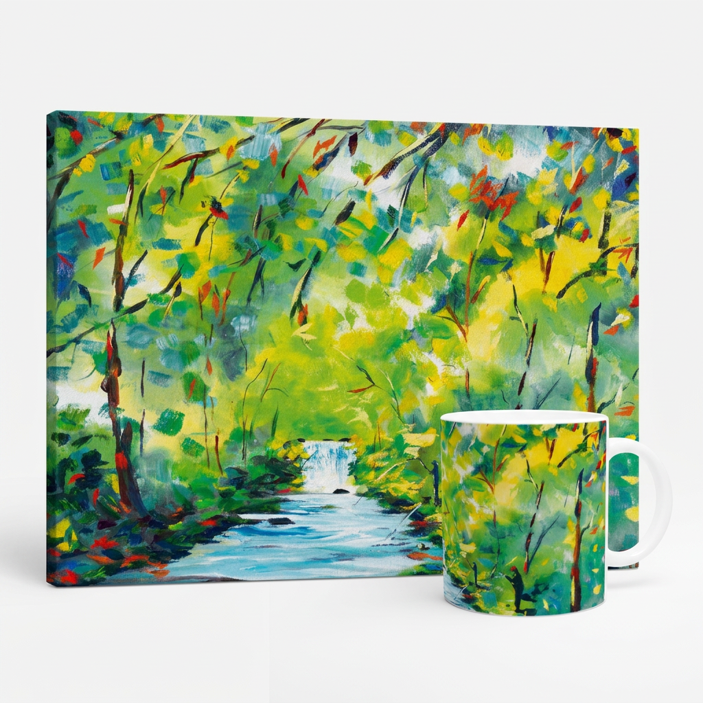 Bundle: Large Canvas and Mug – Woodland Waterfall