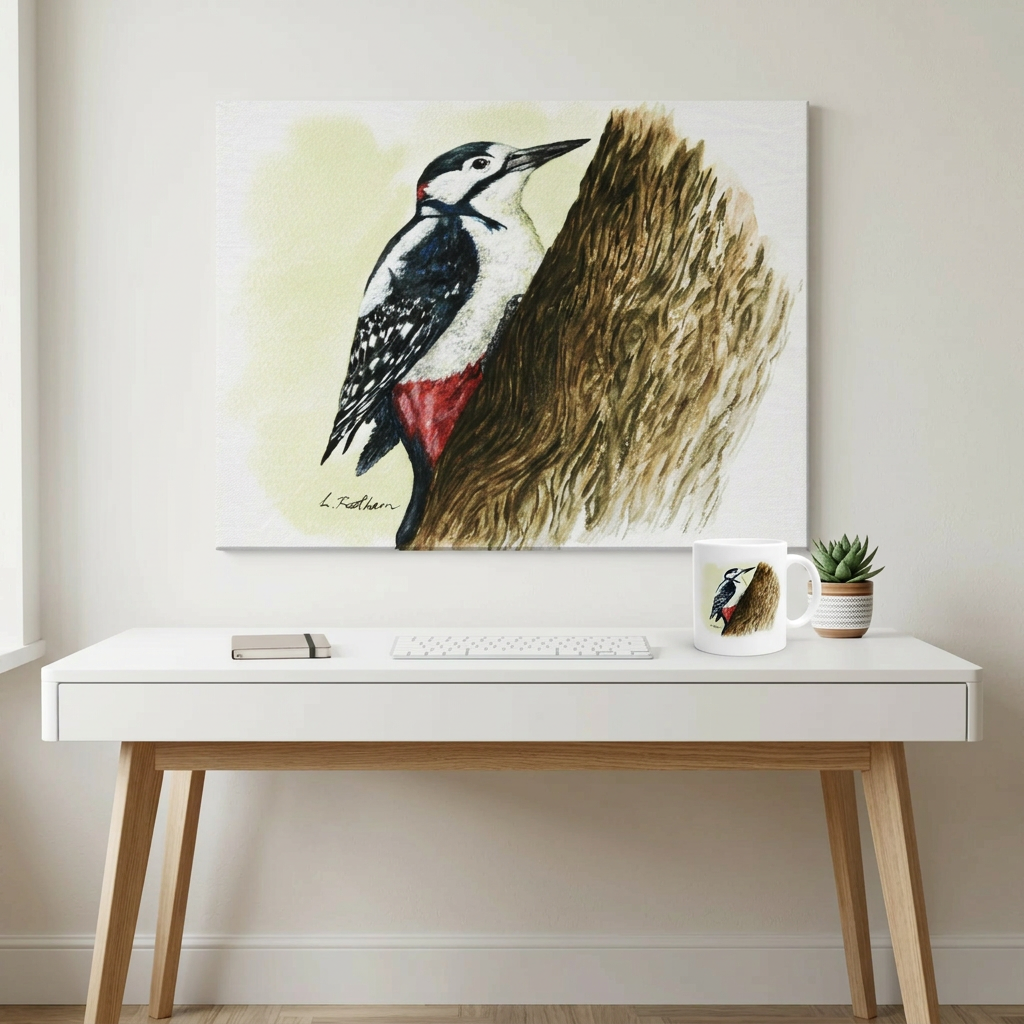 Bundle: Large Canvas and Mug – Great Spotted Woodpecker