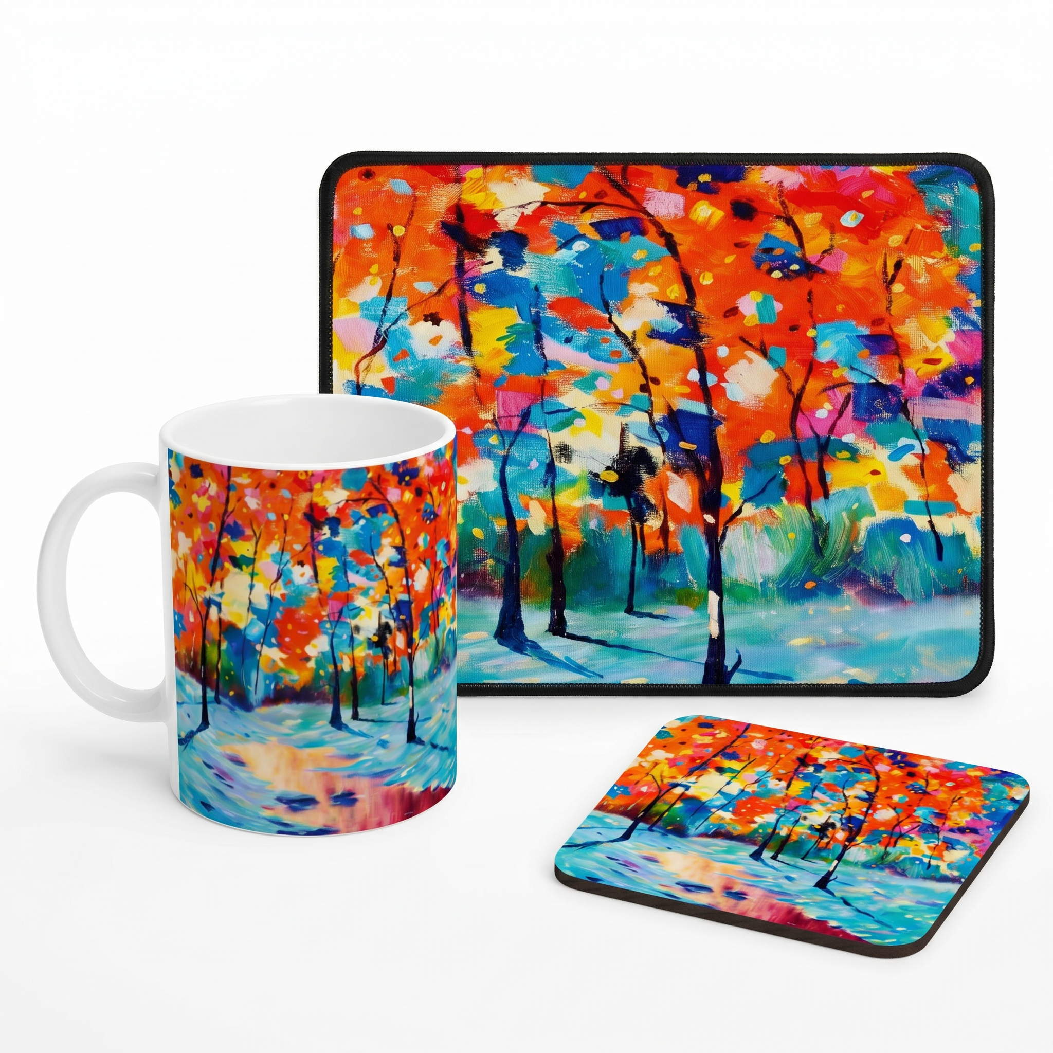 Bundle: Mouse Mat, Coaster, and White Ceramic Mug - Colourful Forest