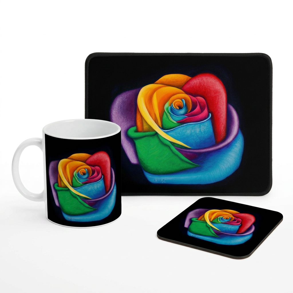 Bundle: Mouse Mat, Coaster, and White Ceramic Mug - Colourful Flower