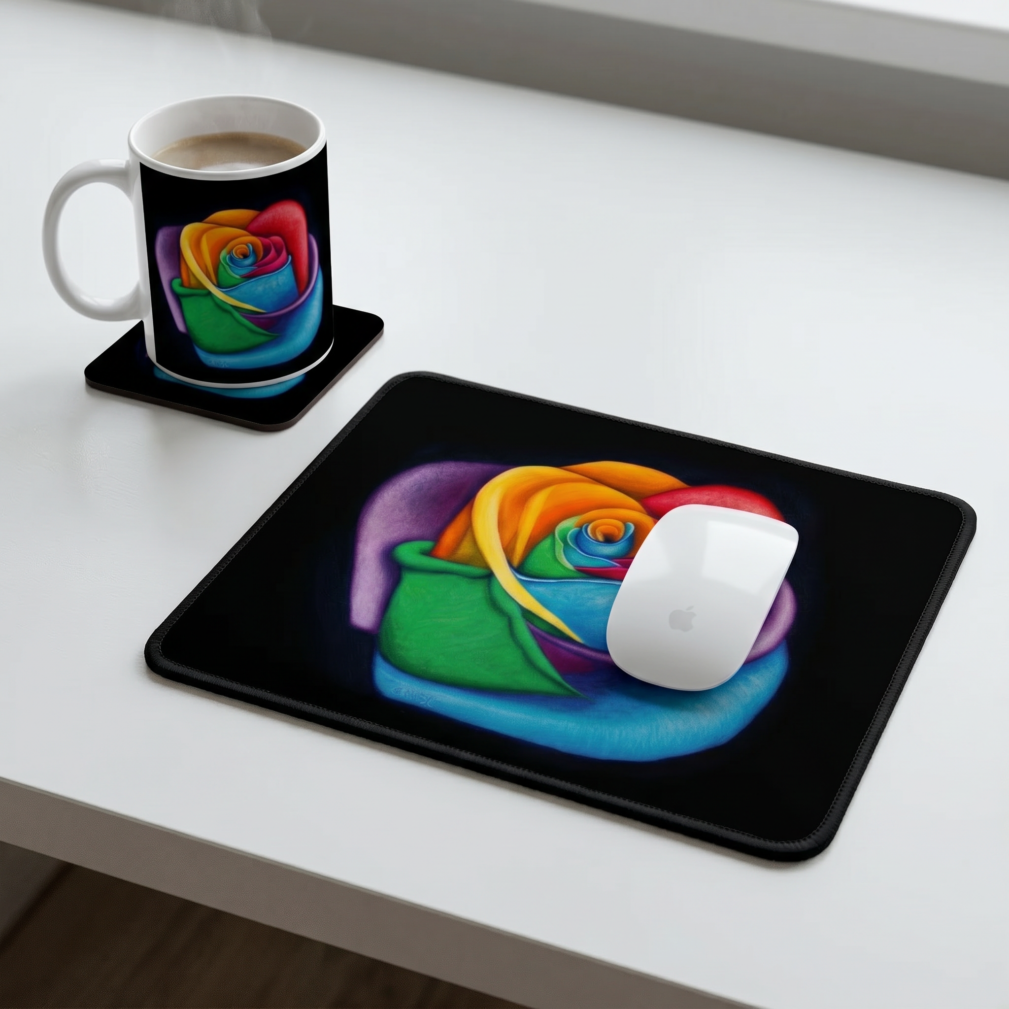 Bundle: Mouse Mat, Coaster, and White Ceramic Mug - Colourful Flower