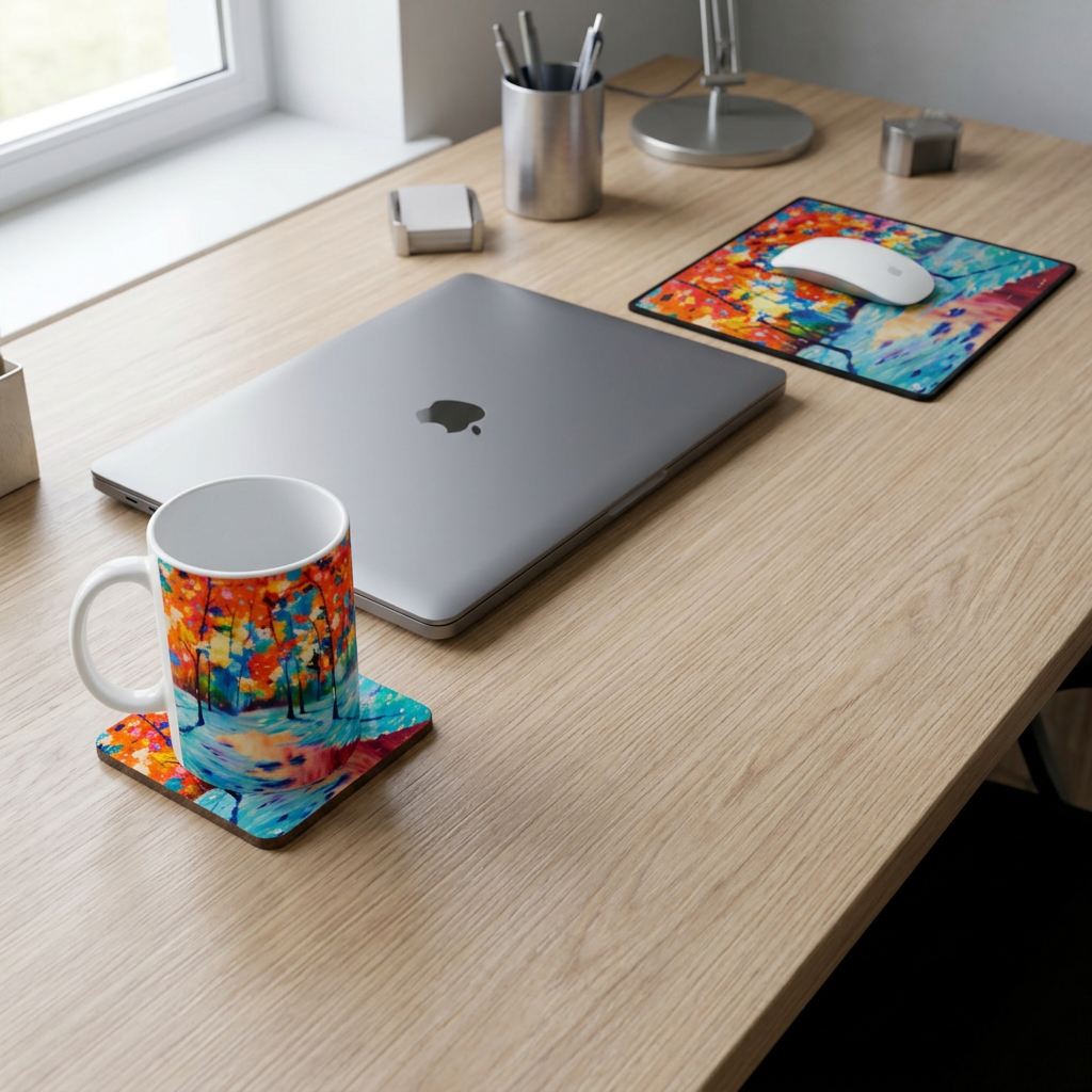 Bundle: Mouse Mat, Coaster, and White Ceramic Mug - Colourful Forest