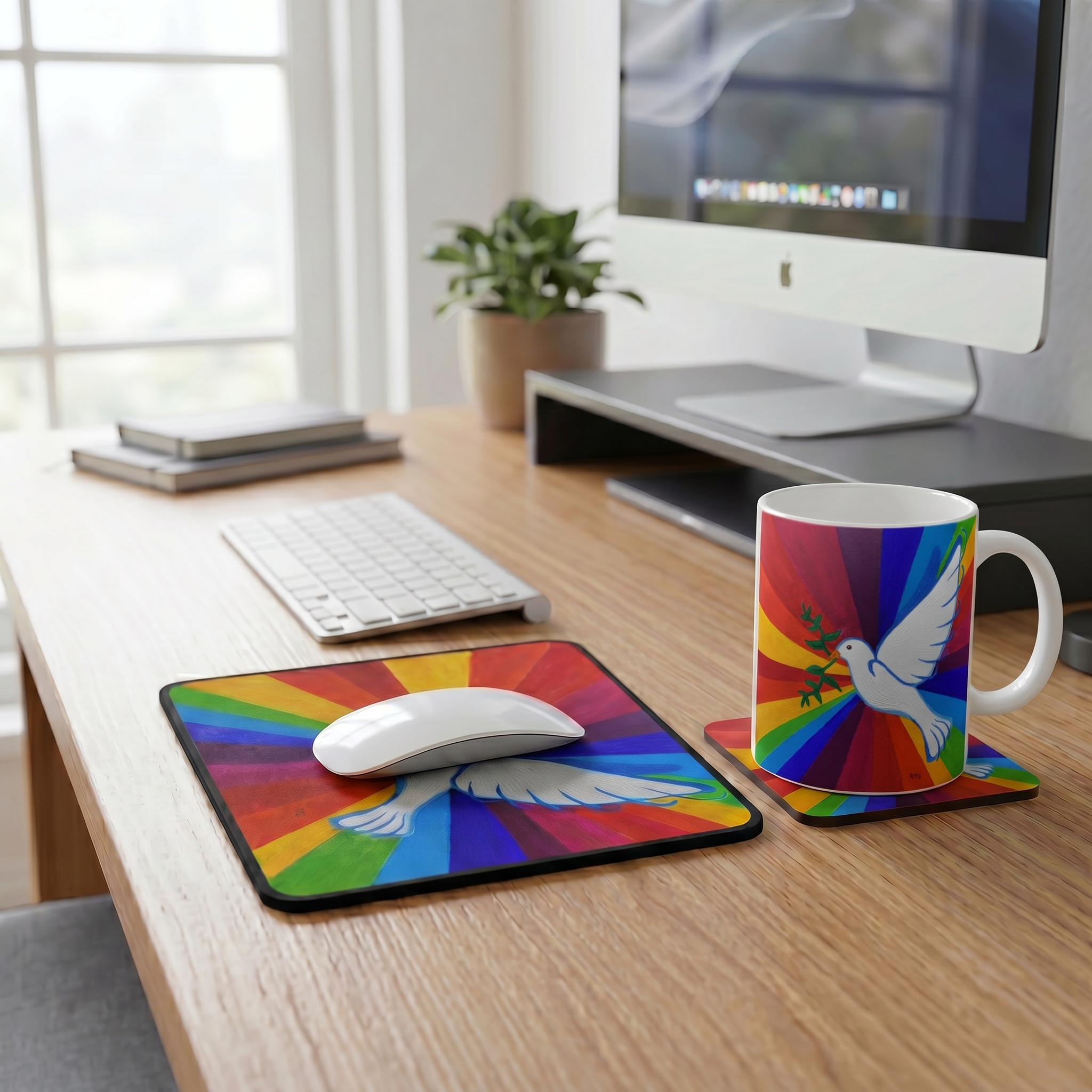 Bundle: Mouse Mat, Coaster, and White Ceramic Mug - Peace and Harmony