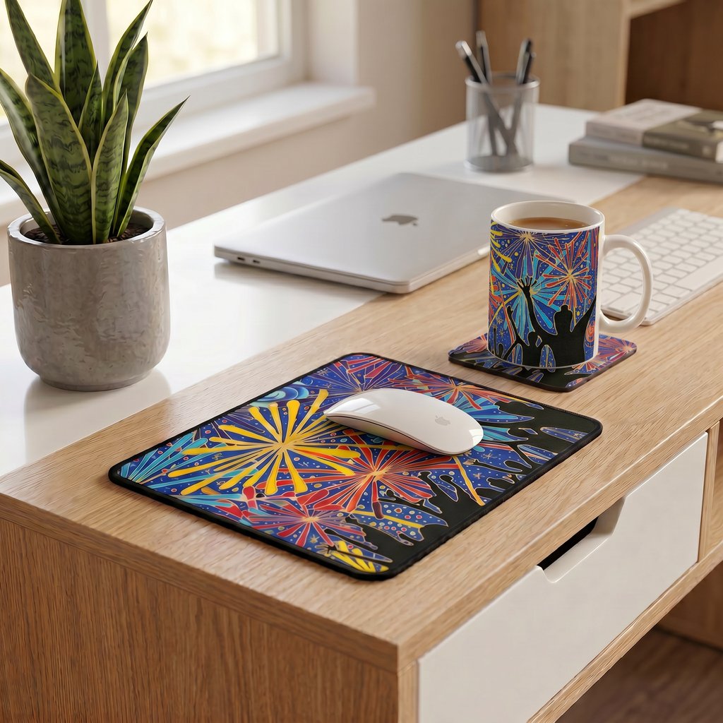 Bundle: Mouse Mat, Coaster, and White Ceramic Mug - Fireworks