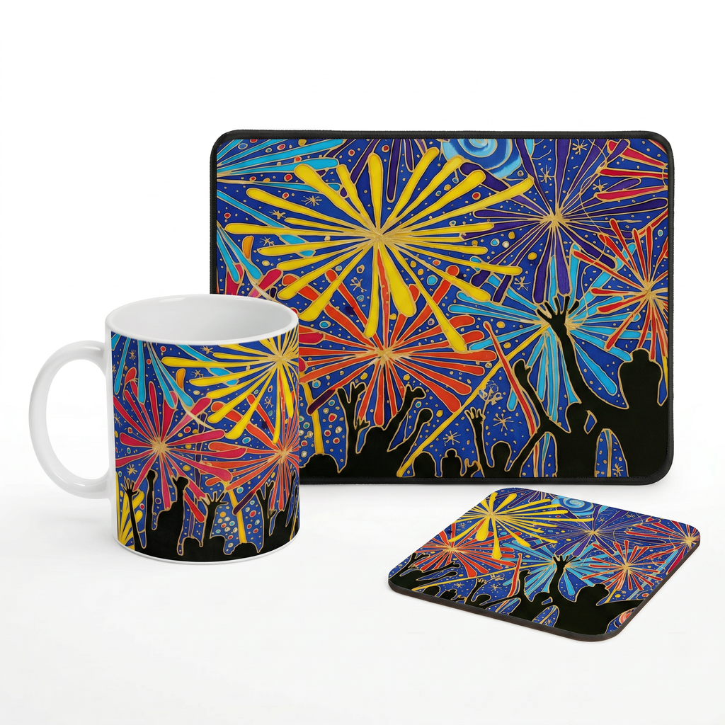 Bundle: Mouse Mat, Coaster, and White Ceramic Mug - Fireworks