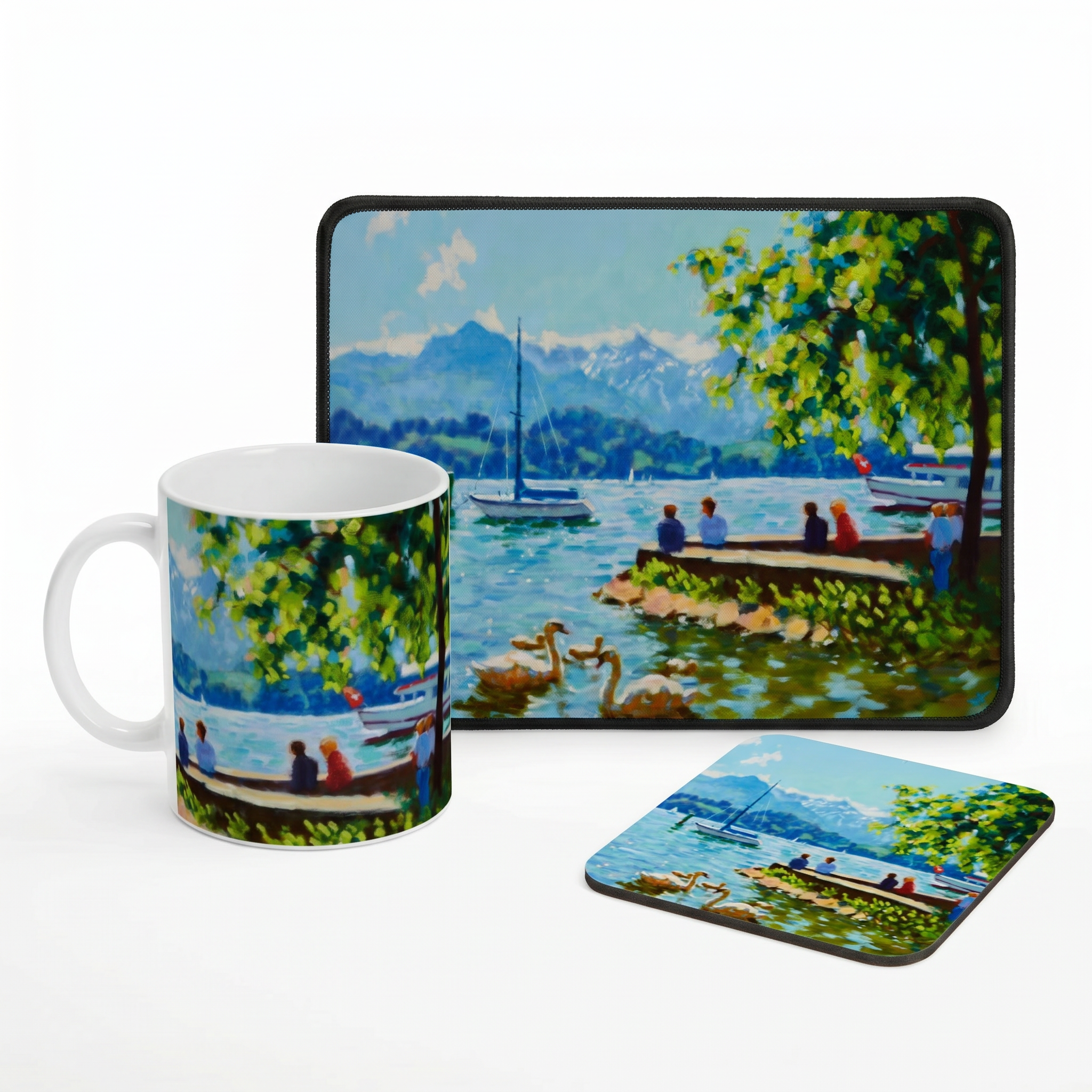Bundle: Mouse Mat, Coaster, and White Ceramic Mug - Summer, Lake Lucerne