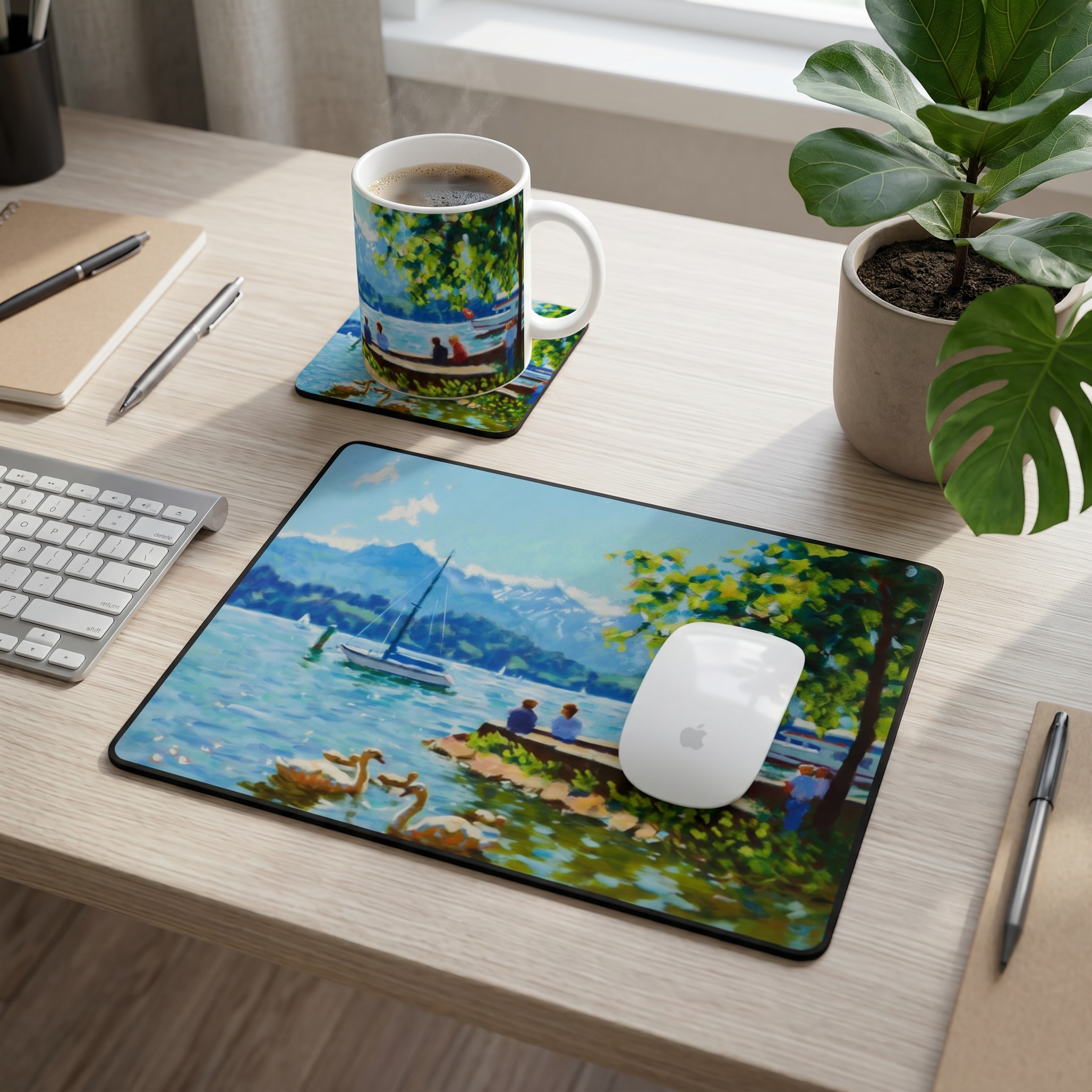 Bundle: Mouse Mat, Coaster, and White Ceramic Mug - Summer, Lake Lucerne
