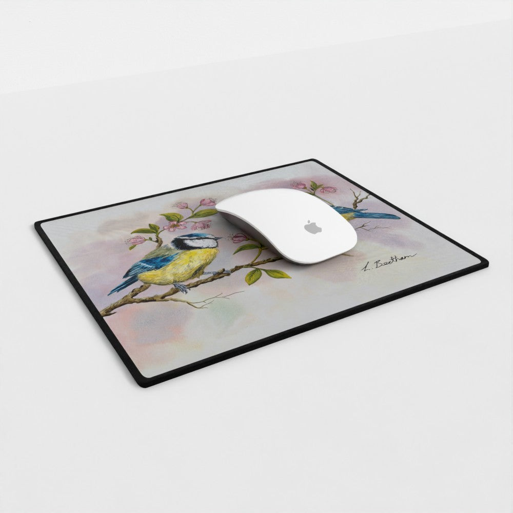 Bundle: Mouse Mat, Coaster, and White Ceramic Mug - Blue Tits in a Tree