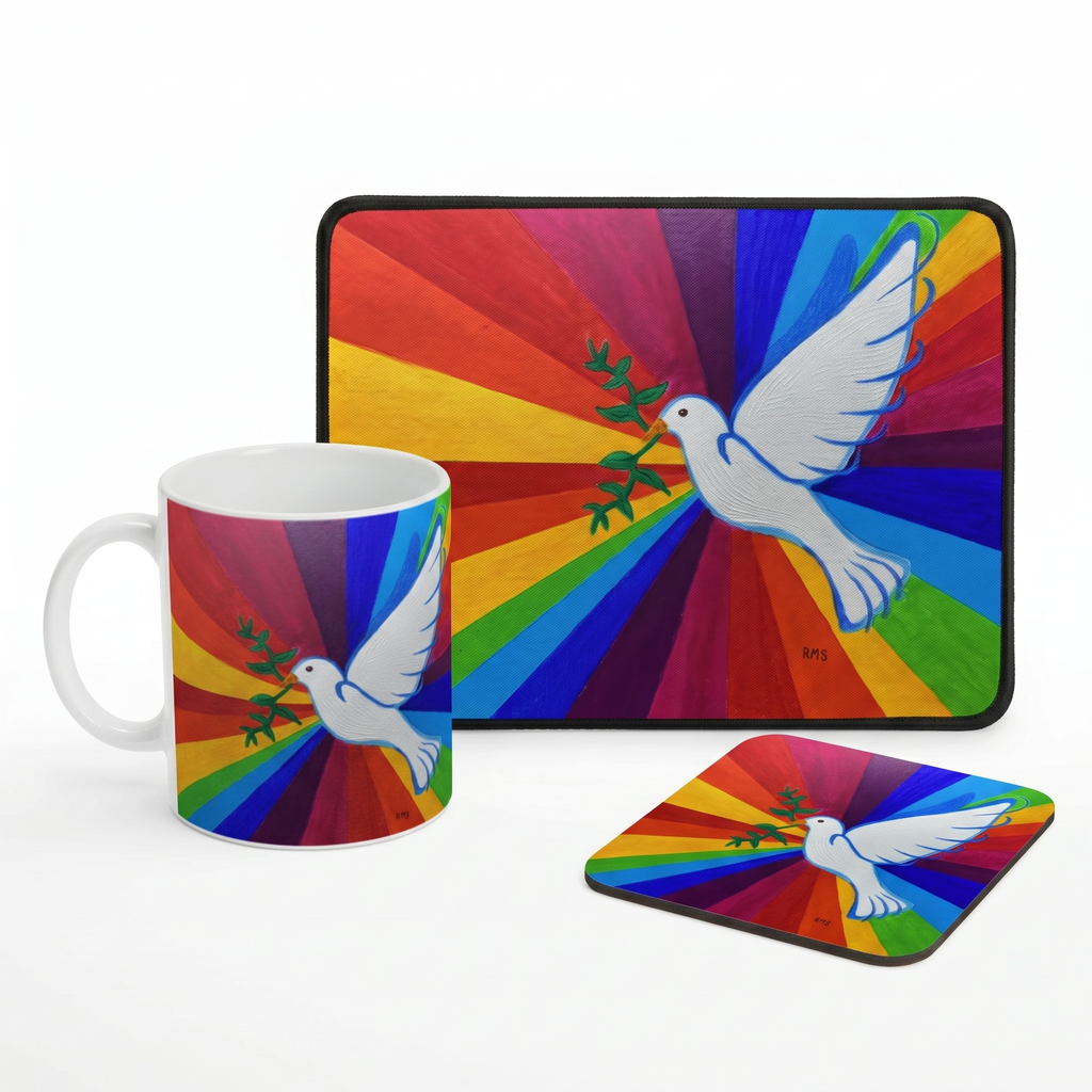 Bundle: Mouse Mat, Coaster, and White Ceramic Mug - Peace and Harmony