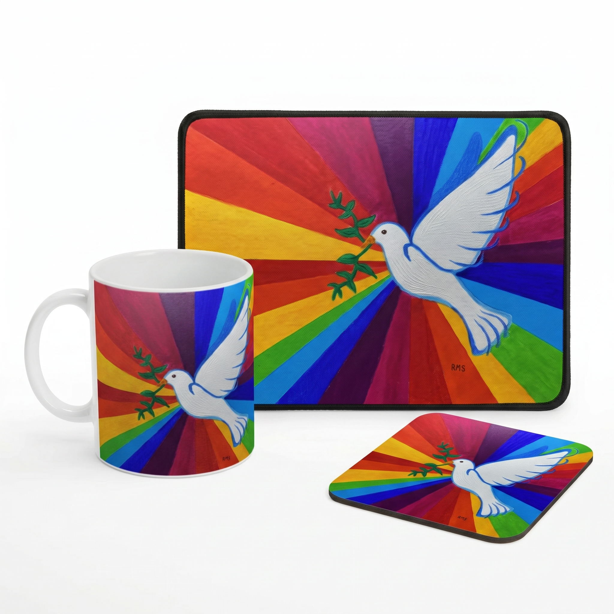 Bundle: Mouse Mat, Coaster, and White Ceramic Mug - Peace and Harmony