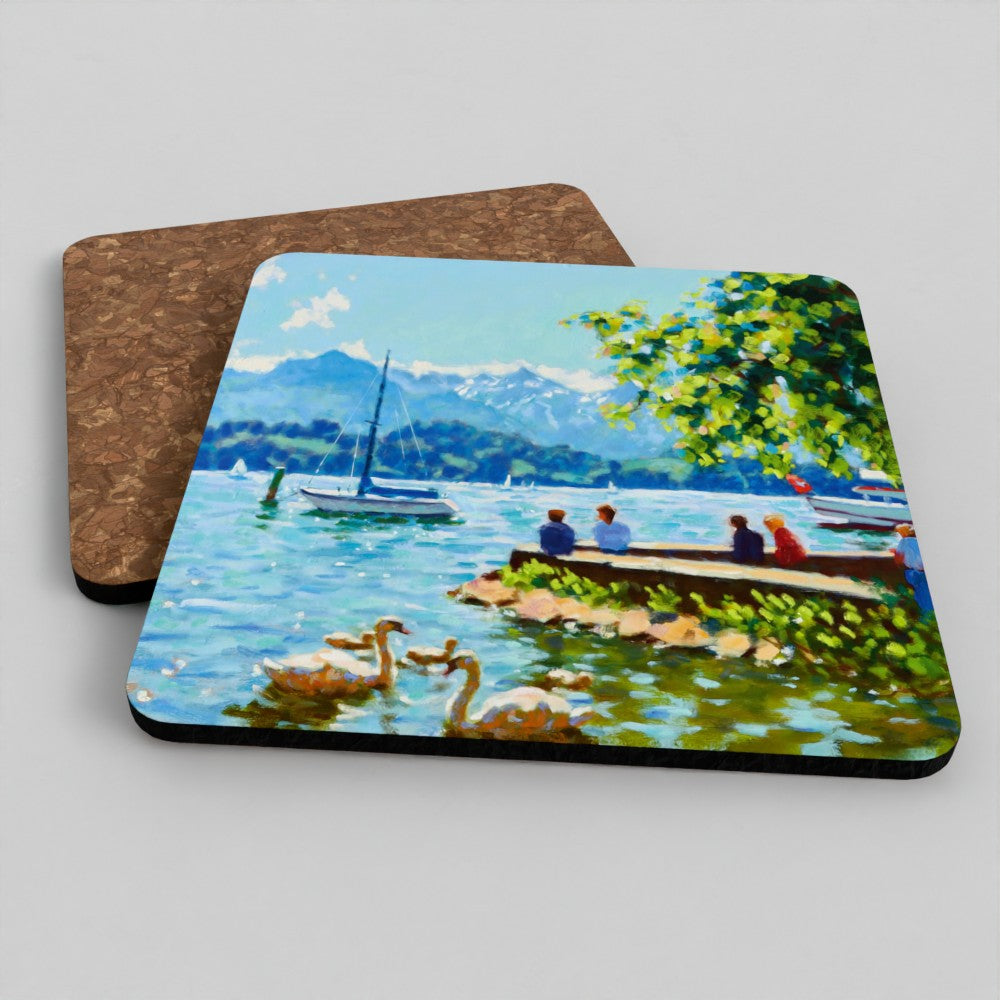 Bundle: Mouse Mat, Coaster, and White Ceramic Mug - Summer, Lake Lucerne