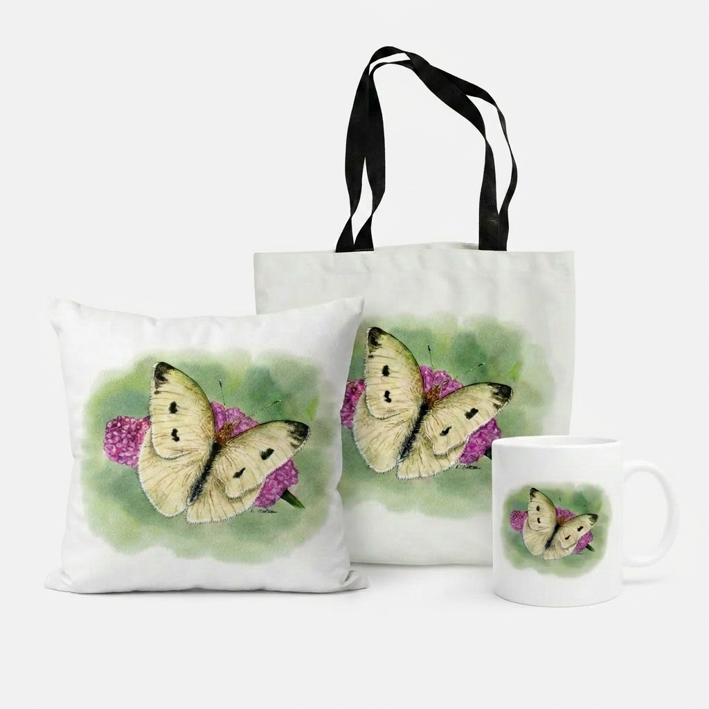 Bundle: Tote Bag, Cushion and Mug – White Moth on a Flower