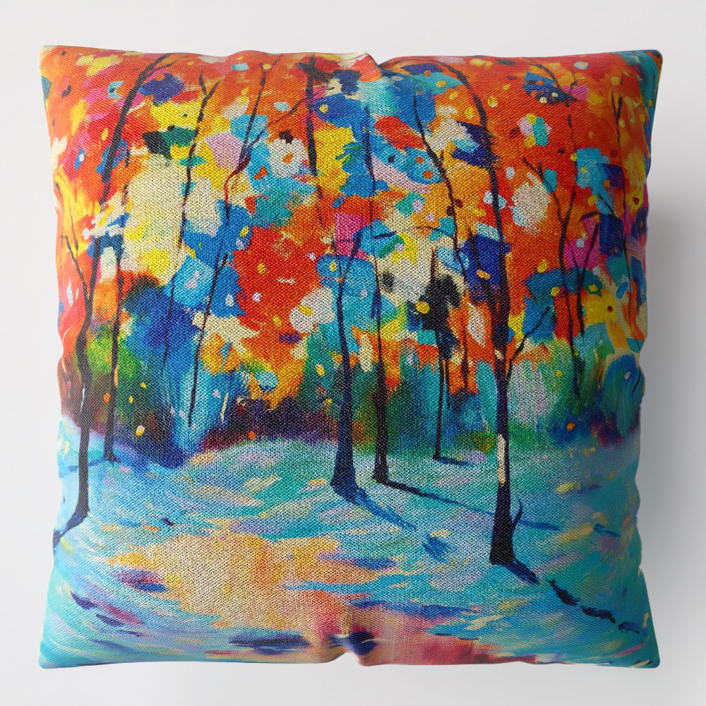 Faux Linen Cushion – Colourful Forest by the Lake