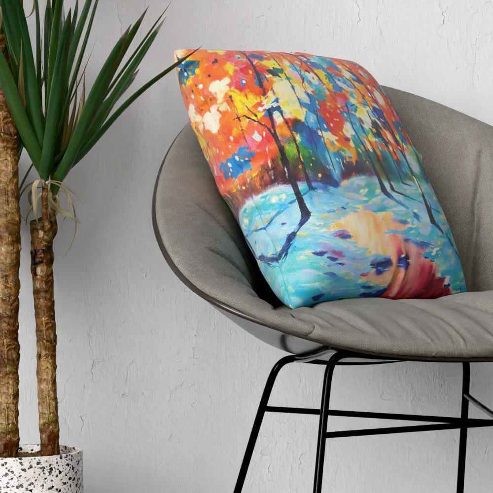 Faux Linen Cushion – Colourful Forest by the Lake