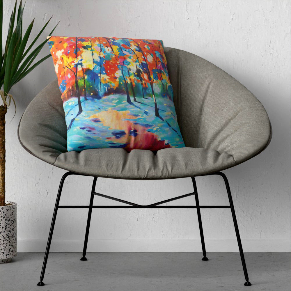 Faux Linen Cushion – Colourful Forest by the Lake