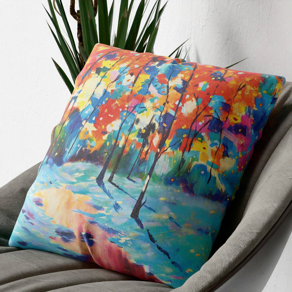 Faux Linen Cushion – Colourful Forest by the Lake