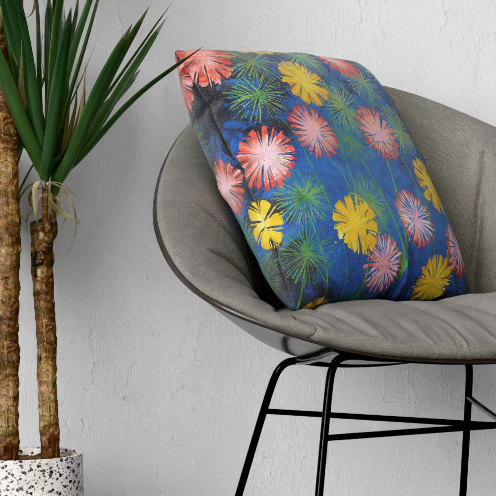 Faux Linen Cushion – Pink and Yellow Flowers