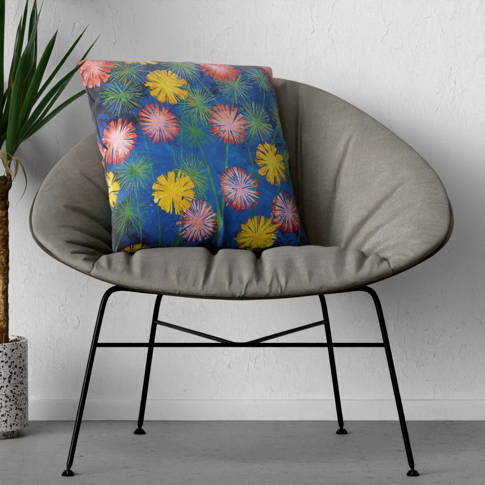 Faux Linen Cushion – Pink and Yellow Flowers
