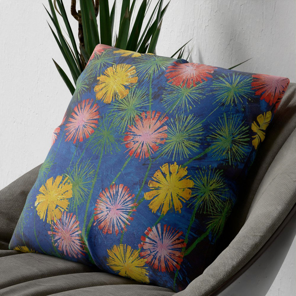 Faux Linen Cushion – Pink and Yellow Flowers