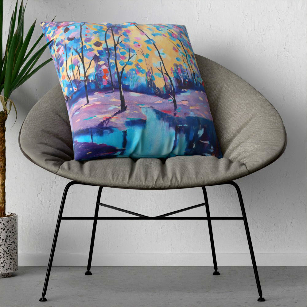 Faux Linen Cushion – Winter Forest by the Lake