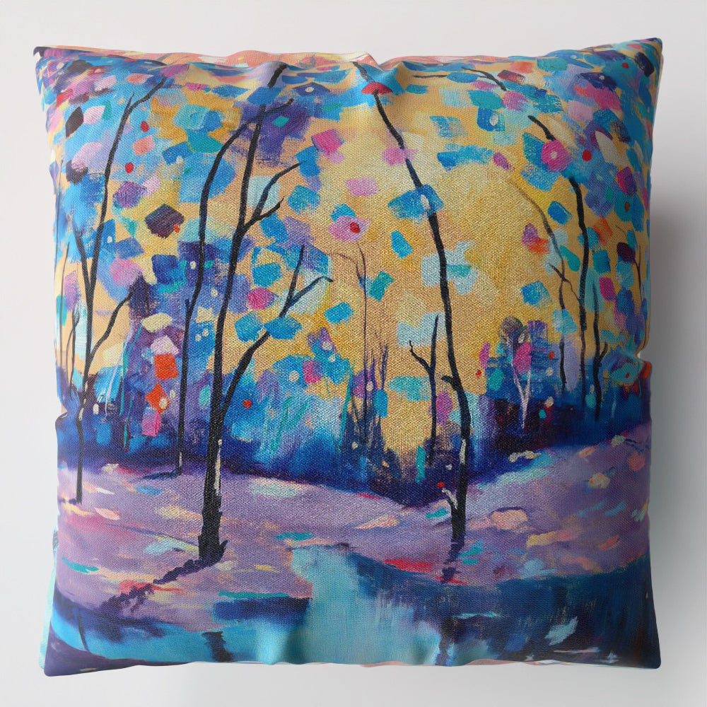 Faux Linen Cushion – Winter Forest by the Lake