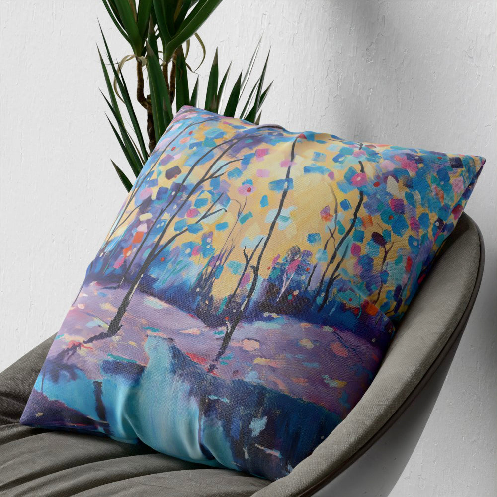 Faux Linen Cushion – Winter Forest by the Lake